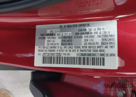 2017 Mazda Cx-9 Grand Touring from USA, damaged, VIN JM3TCADY6H0133052